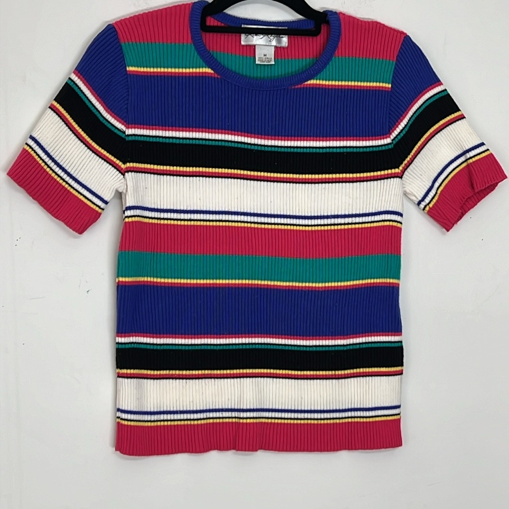 🌞 Kim Rogers colorful striped short sleeve round neck ribbed sweater women M - Picture 2 of 16